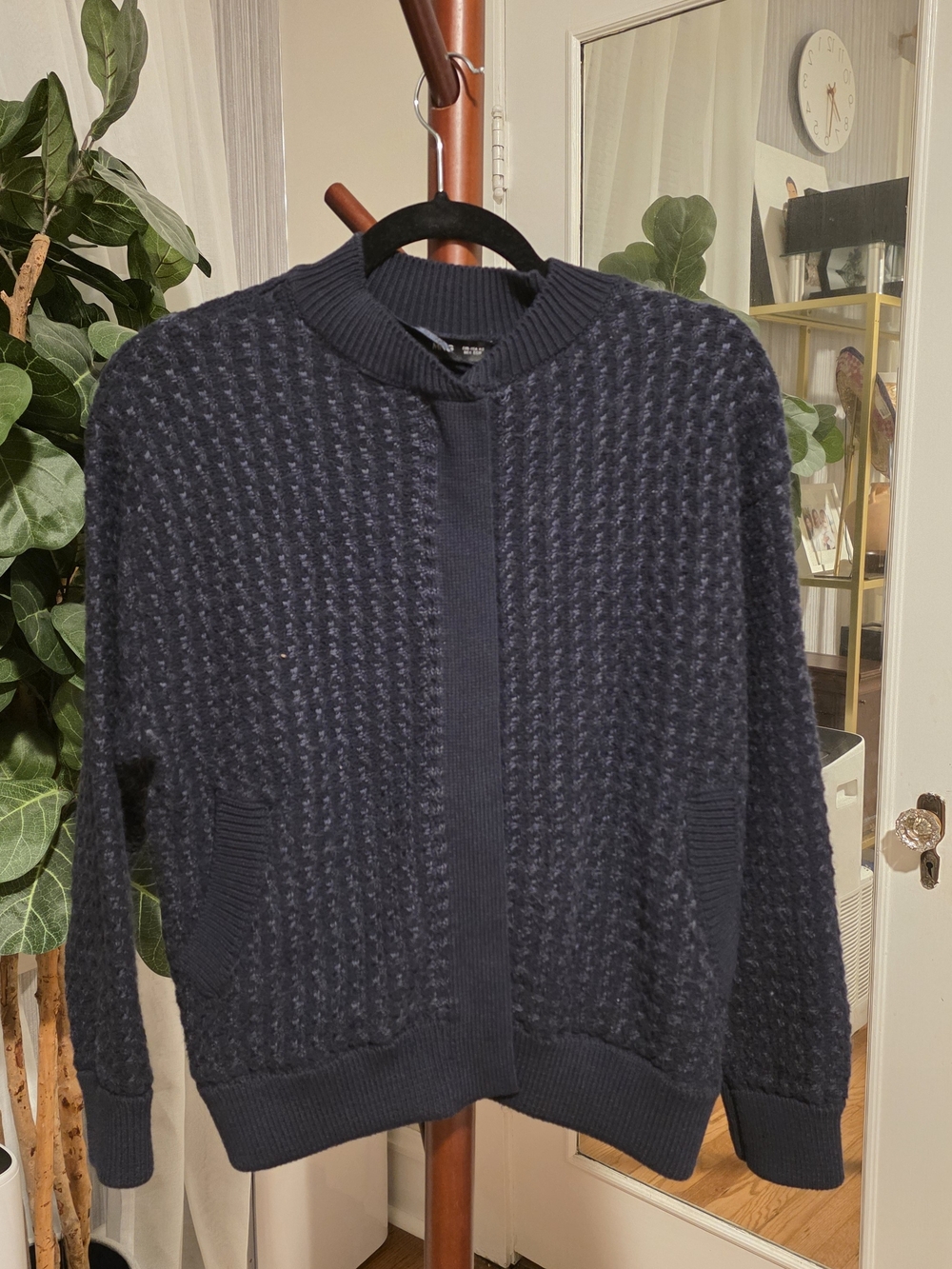 Mango Dark Navy Textured Zip-Up Cardigan